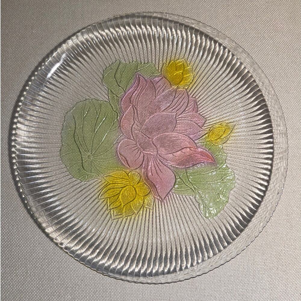 VTG KIG Malaysia Ribbed Glass Lotus Platter 12.5”